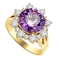 Designer Ring with Round Amethyst Essence in center surrounded by Round Brilliant Diamond Essence and Melee. 4.5 Cts. T.W. set in 14K solid Yellow Gold.