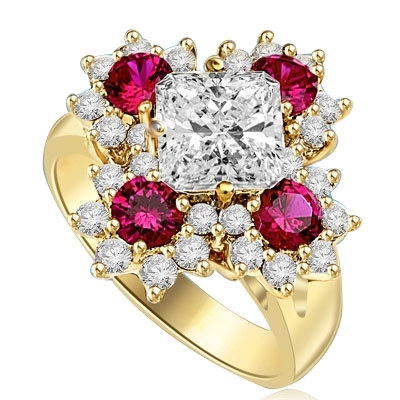 Designer Ring With Asscher cut Diamond Essence in center surrounded by Floral Design created with Round Ruby Essence and Melee. 6.0 Cts. T.W. set in 14K Solid Yellow Gold.