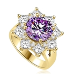 Designer Ring with 3.5 CTs. Round Lavender Essence in center surrounded by Princess Cut Diamond Essence and Melee, making a Beautiful Floral Design. 6.5 Cts. T.W. set in 14K Solid Yellow Gold.