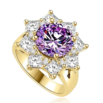 Designer Ring with 3.5 CTs. Round Lavender Essence in center surrounded by Princess Cut Diamond Essence and Melee, making a Beautiful Floral Design. 6.5 Cts. T.W. set in 14K Solid Yellow Gold.