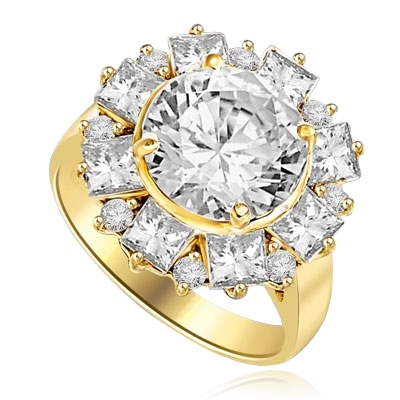 Diamond Essence Designer Ring With Round Brilliant Diamond Essence in center surrounded by alternately set Princess and melee. 7.25 Cts. T.W. set in 14K Solid Yellow Gold.