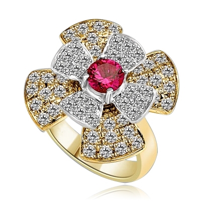 Stack of flowers - 0.65 Ct. Round Ruby Essence set in center of floral design Melee setting. 3.0Cts. T.W. set in 14K Solid Yellow Gold.