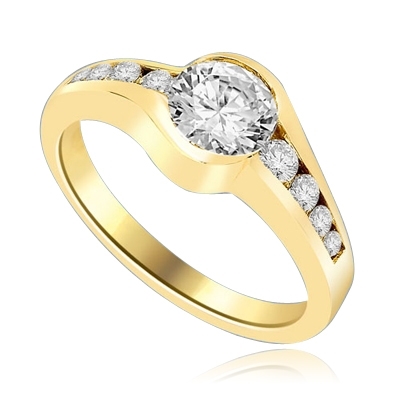 Designer Ring with channel set, 1.0 Cts. Round Brilliant Diamond Essence in center accomapnied by graduating melee on either side, 1.30 Cts. T.W. 14K Solid Yellow Gold.