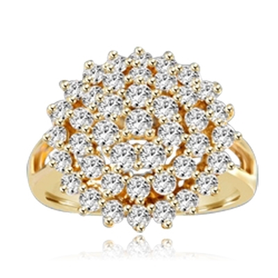 Artistic Flower Cluster Ring that is soaring in popularity. You will sparkle in this sheer brilliance of 4 Cts. T.W. Accents set on Wide Band. In 14k Solid Yellow Gold.