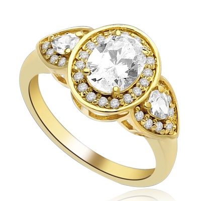 A remarkable combination Ring of 1.5 Ct Oval, 0.25 Ct Trillion and round Accents shows off a sparkle that is surefire hit! 2.5 cts. t.w. In 14k Solid Yellow Gold.