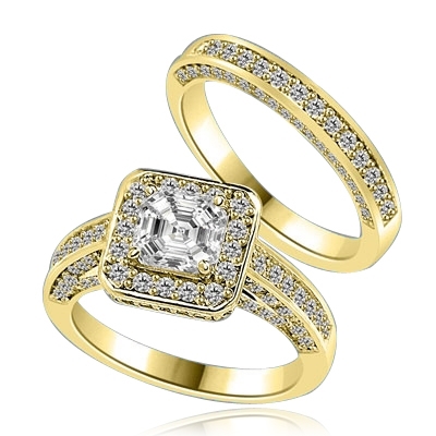 Wedding set with sparkles all around-1.25 Cts. Asscher cut Diamond Essence set in the center, outlined with Melee around and on the band. Curved matching band with sparkling melee. 2.75 Cts. T.W. in 14K Solid Gold.