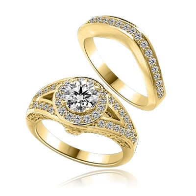 Wedding Set - 1.0 Ct. Round Brilliant Diamond Essence in center with Melee set in intervening design on either side and Wedding band with delicately set Melee. 2.35 Cts. T.W. in 14K Solid Yellow Gold.