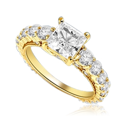 Engagement Ring With Princess Cut Diamond Essence Set in Center accompanied by Round Brilliant Diamond Essence going down the band. 3.25 Cts. T.W. set in 14k solid Yellow Gold.