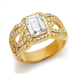 Diamond Essence Designer Ring With 1.50 Cts. Emerald Cut Diamond Essence Center Surrounded By Melee And Exquisitely Set Round Brilliant Melee On Both The Sides Of Band, 2.50 Cts.T.W., in 14K Solid Gold.