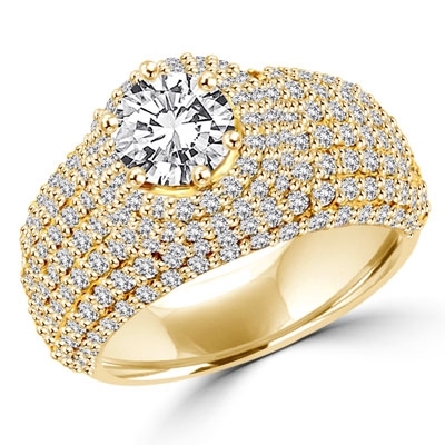 Diamond Essence Designer Cocktail Ring With 1 Ct. Round Brilliant Center Set On Dome Pave Setting Melee, 3 Cts.T.W. In 14K Solid Yellow Gold.