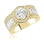 Diamond Essence Designer Ring with 1.50 Cts. Round Brilliant Center, Accompanied By Baguettes and Melee on side, 4 Cts.T.W. In 14K Solid Yellow Gold.