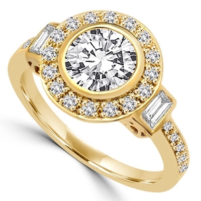 Diamond Essence Designer Ring with 1.50 Cts. Round Brilliant Center Surrounded By Brilliant Melee And Baguettes, 2.0 Cts.T.W. In 14K Solid Yellow Gold.