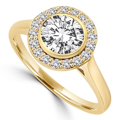 Diamond Essence Ring with 1 Ct. Round Brilliant Stone And Melee Set In 14K Solid Yellow Gold.