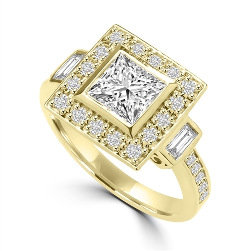 Diamond Essence Designer Ring With 1.50 Cts. Princess stone In Center and Round Melee On Four Sides And Band, 2.25 Cts.T.W. In 14K Solid Yellow Gold.