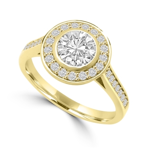 Diamond Essence Bezel set Ring with 1 Ct. Round Brilliant And Surrounding Melee, 1.25 Cts. T.W. In 14K Solid Yellow Gold.
