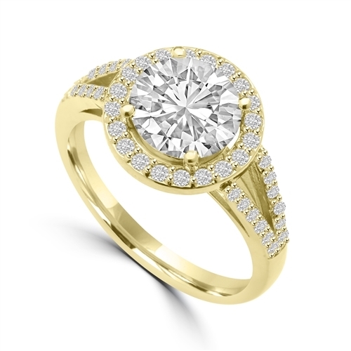 Diamond Essence Halo Setting Designer Ring with 2 Cts. Round Brilliant Center and Melee Around It and On The Band, 2.50 Cts.T.W. In 14K Yellow Gold.