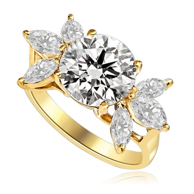 Designer Ring with 3.25 Cts. Round Brilliant Diamond Essence in center accompanied by three Marquise cut Diamond Essences on each side, 3.75 Cts. T.W. set in 14K Solid Yellow Gold.