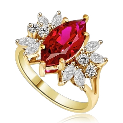 Designer Ring with 2.0 Cts. Marquise cut Ruby Essence in center accompanied by delicately set Marquise and Melee on each side. 3.0 Cts. T. W. set in 14K Solid Yellow Gold.