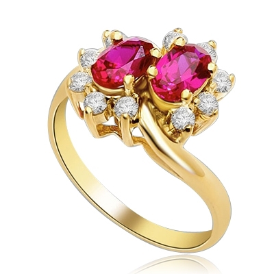 Two Ruby Oval Essence, 0.5 ct. each, set in four prongs and surrounded by melee to give floral effect. 1.20 cts. t.w. In 14k Solid Yellow Gold.