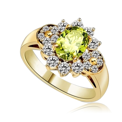 Floral Ring - 1.25 Cts. Oval cut Peridot Essence set in center with Round brilliant Diamond Essence on top and bottom and cluster of Melee, making floral design, on either side of band. 2.0 Cts. T.W. set in 14K Solid Yellow Gold.