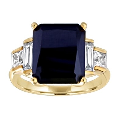 Onyx Ring - 6.0 Cts. Radiant Emerald cut Onyx Essence set in four prongs, accompanied by channel set Diamond Essence Baguettes and Princess cut stones on either side. 7.0 Cts.T.W. set in 14K Solid Yellow Gold.