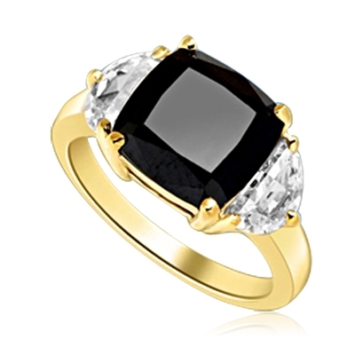 Half Moon Ring -  1.0 Cts. Half Moon Shaped Diamond Essence, set on each side of 4.0 Cts. Cushion cut Onyx Essence in center, 6.0 Cts. T.W. set in 14K Solid Yellow Gold.
