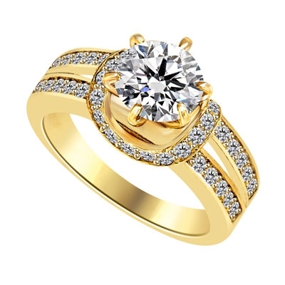Engagement Ring- 1.75 Cts. Tiffany set Round Brilliant Diamond Essence in center enhanced by melee in curvd setting and two rows of melee on each side, adding more sparkles. 2.25 Cts T.W. set in 14K Solid Yellow Gold.