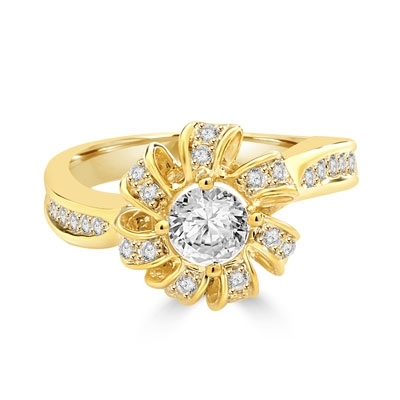 Designer Ring with 0.50 Cts. Round Brilliant Diamond Essence set in center of sparkling bow of Melee, with Melee set on either sides of the band. 0.75 Cts. T.W. set in 14K Solid Yellow Gold.
