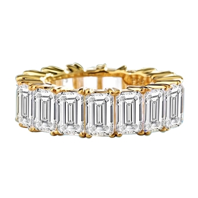Diamond Essence Bestselling eternity band with all-round sparkle of emerald cut brilliant stones. 9 Cts. T.W. set in 14K Solid Yellow Gold.