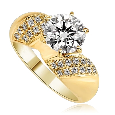 Sparkling Twist - 2.0 Cts. Round Brilliant Diamond Essence Set in center with cluster of Melee, on each side making twisted design, 2.35 Cts. T.W. set in 14K Solid Yellow Gold.