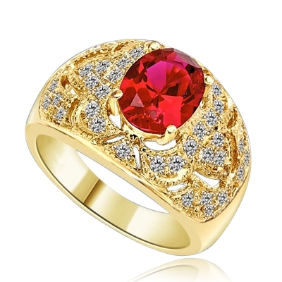 Designer Ring with 2.0 Cts. Oval cut Ruby Essence in center with Melee set floral design on the band. 2.5 Cts. T.W. set in 14K Solid Yellow Gold.
