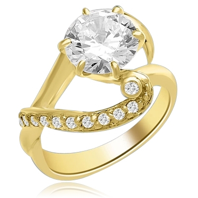 A designer ring with 2.5 Ct. Round White Brillaint Stone Sitting Pretty on a Curvacious Band. In 14k Solid Yellow Gold.