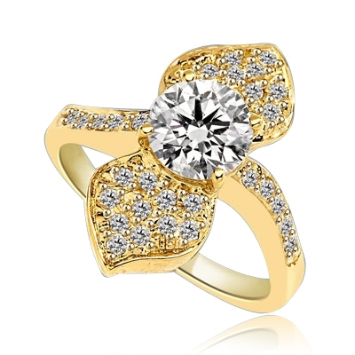 Shining Leaves - Ring with 1.25 Cts. Round Brilliant Diamond Essence in center between two shining leaves, 1.60 Cts. T.W. set in 14K Solid Yellow Gold.