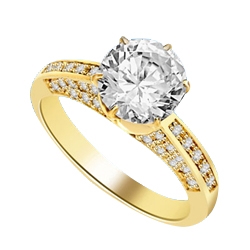 Diamond Essence Designer Ring with 2.0 Cts. Round Brilliant Diamond Essence in Center and melee set on three sides of band, 3.90 Cts. T.W. set in 14K Solid Yellow Gold.