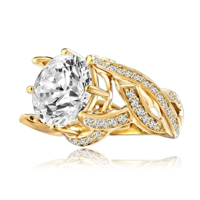 Outstanding - 8.5 Cts. Round Brilliant Diamond Essence shinning in center surrounded by Melee in curvy setting. Perfect for any Occasion!! 9.5 Cts. T.W. set in 14K Solid Yellow Gold.