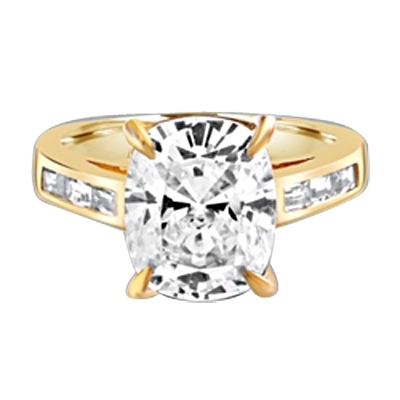4CT Radiant Emerald Essence Tapered brilliantly to sparkle even more, and the band is further enhanced by 3 Baguettes Stones artistically channel set. 5 Cts. T.W. In 14k Solid Yellow Gold.
