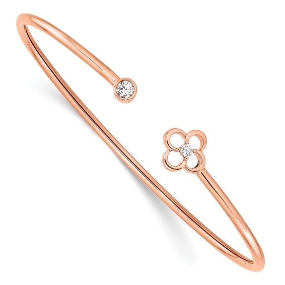 14K rose gold flexible cuff bangle with diamond essence lab grown round diamond in bezel and prong setting