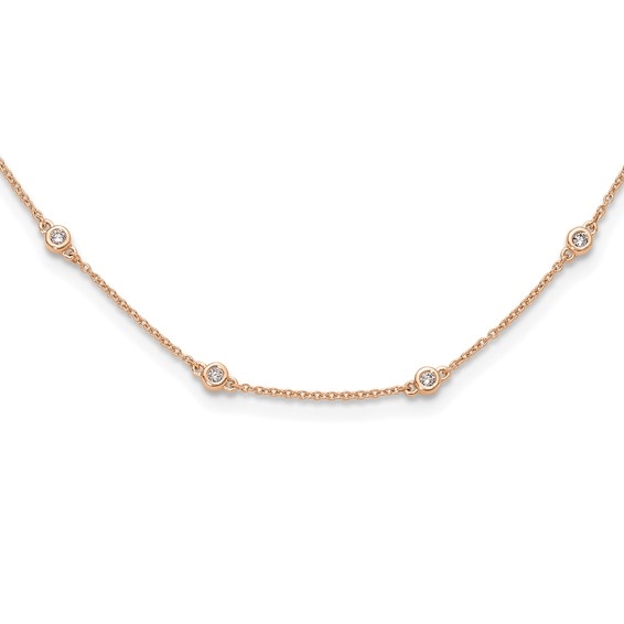 14K rose gold bezel set diamond station necklace with 0.405 carat lab grown diamonds on an 18 inch cable chain