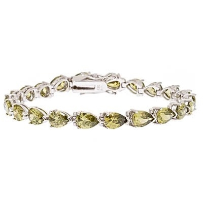 A beautiful bracelet, showing off 21 pear shape Diamond Essence Peridot stones, 0.75 ct. each, set in Platinum Plated Sterling Silver. 15.75 cts.t.w.