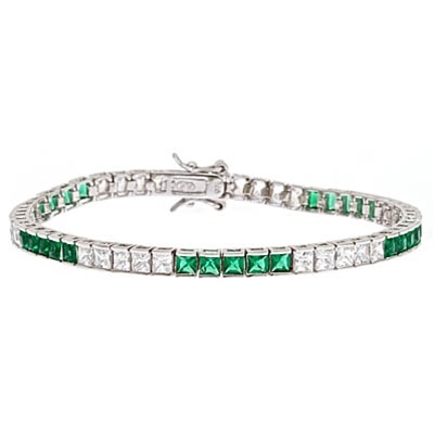 Diamond Essence and Emerald Essence princess cut tennis bracelet, each stone of 0.20 ct. set in alternate group of 5 stones. 10.4 cts.t.w. in Platinum Plated Sterling Silver.