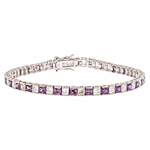 Diamond Essence and Amethyst  Essence princess cut tennis bracelet, each stone of 0.20 ct. in alternate setting in Platinum Plated Sterling Silver. 10.4 cts.t.w.