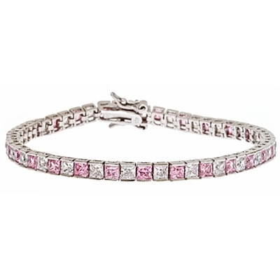 Diamond Essence and Pink Essence princess cut tennis bracelet, each stone of 0.20 ct. in alternate setting in Platinum Plated Sterling Silver. 10.4 cts.t.w.