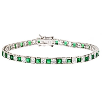 Diamond Essence and Emerald Essence princess cut tennis bracelet, each stone of 0.20 ct. in alternate setting in Platinum Plated Sterling Silver. 10.4 cts.t.w.