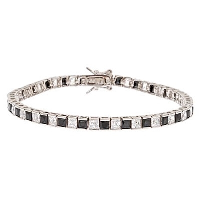 Diamond Essence and Onyx Essence princess cut tennis bracelet, each stone of 0.20 ct. in alternate setting in Platinum Plated Sterling Silver. 10.4 cts.t.w.