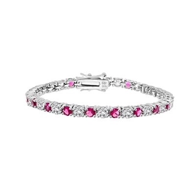 Diamond Essence tennis bracelet of round brilliant and pink sapphire stones, 0.20 ct. each set alternate in Platinum Plated Sterling Silver. 7.75 cts.t.w.