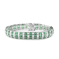 Lovely best selling bracelet with 23.25 cts.t.w. of Princess cut Emerald Essence and Princess cut Diamond Essence stones set in Platinum Plated Sterling Silver.