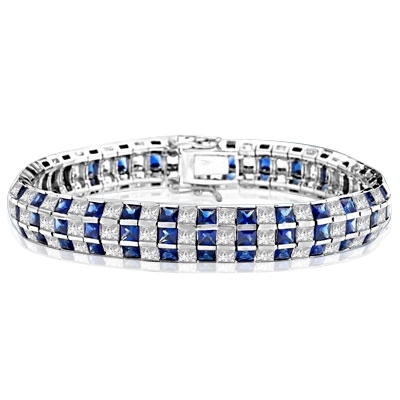 Channel Set Designer Bracelet with Artificial Princess Cut Sapphire and Brilliant Diamonds by Diamond Essence set in Sterling Silver
