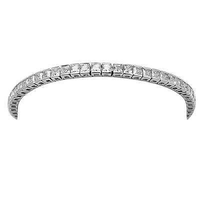 7" long Tennis Bracelet strung with 67 Princess Cut masterpieces in a mesmerizing array, with double safety clasp. 6.5 Cts. T.W. set in Platinum Plated Sterling Silver.