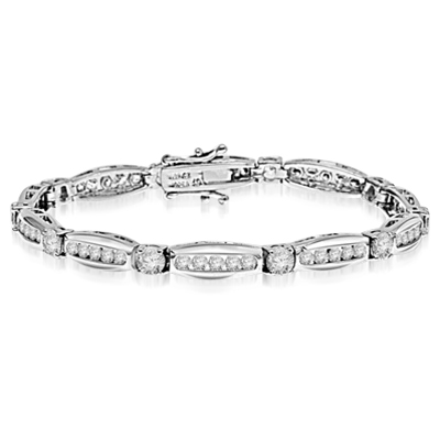 Elegant designer bracelet. Diamond Essence 0.5 ct. stones set in four prongs setting, between tension set melee. 7.0 cts.t.w. in Platinum Plated Sterling Silver.