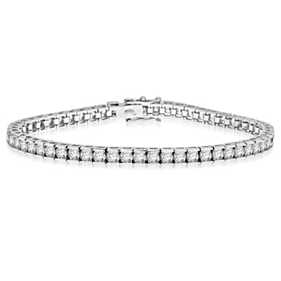 Diamond Essence classic bracelet, showing off appx. 6.0 cts. round briliiant stones set in tension bar setting of Platinum Plated Sterling Silver.